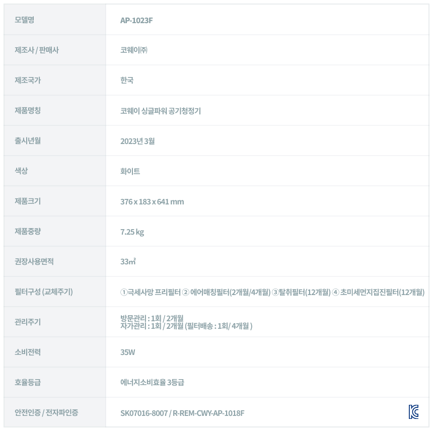AP-1023F_코웨이 싱글파워 공기청정기_21번째 상세정보 코웨이 AP-1023F 코웨이 싱글파워 공기청정기 상세이미지 22