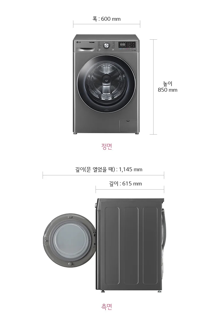 정면 이미지에서는 세탁기의 둥근 투명 도어와 디지털 제어 패널이 눈에 띄며, 세탁기의 폭은 600mm, 높이는 850mm로 표시되어 있습니다. 측면 이미지에서는 세탁기의 두께와 문이 열린 상태의 깊이가 각각 615mm와 1,145mm로 나타나 있습니다. 정면과 측면이라는 텍스트가 각각의 이미지 아래에 적혀 있습니다.