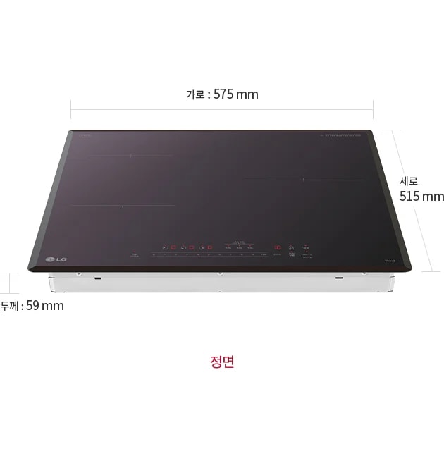 LG 디오스 인덕션의 정면 이미지로, 검은색 상판에 네 개의 조리 구역이 표시되어 있습니다. 상단에는 가로: 575 mm, 세로: 515 mm라는 치수 정보가 있으며, 왼쪽 하단에는 두께: 59 mm라는 정보가 있습니다. 하단 중앙에는 정면이라는 글자가 적혀 있습니다.