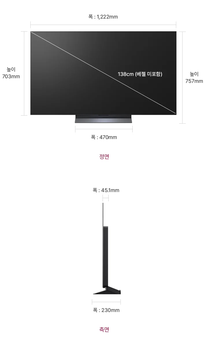 정면에서 본 TV는 폭 1,222mm, 높이 703mm, 베젤을 제외한 대각선의 길이는 138cm입니다. 스탠드를 포함한 높이는 757mm, 스탠드의 폭은 470mm 입니다. 제품의 측면에서는 제품의 폭 45.1mm와 스탠드 포함된 폭 230mm을 표시합니다.