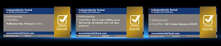 인증 내용이 표시됩니다. Reflection Free 인증, 100% 색 정확도 인증, 100% 컬러 볼륨.