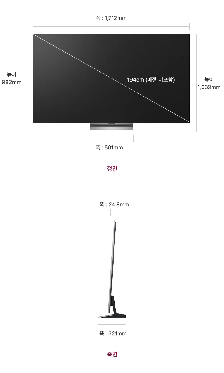 정면에서 본 TV는 폭 1,712mm, 높이 982mm, 베젤을 제외한 대각선의 길이는 194cm입니다. 스탠드를 포함한 높이는 1,039mm, 스탠드의 폭은 501mm 입니다. 제품의 측면에서는 제품의 폭 24.8mm와 스탠드 포함된 폭 321mm을 표시합니다.