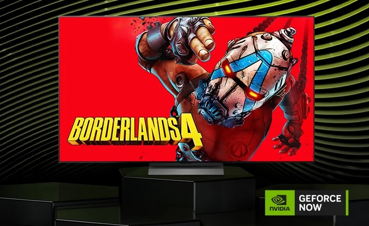 TV 화면에 게임 'BORDERLANDS 4'의 강렬한 캐릭터 이미지가 띄워져 있습니다. 'NVIDIA GeForce NOW' 로고가 배치되어 있어, 별도의 콘솔 연결 없이도 TV에서 고사양 클라우드 게임을 즐길 수 있음을 강조하는 이미지입니다.