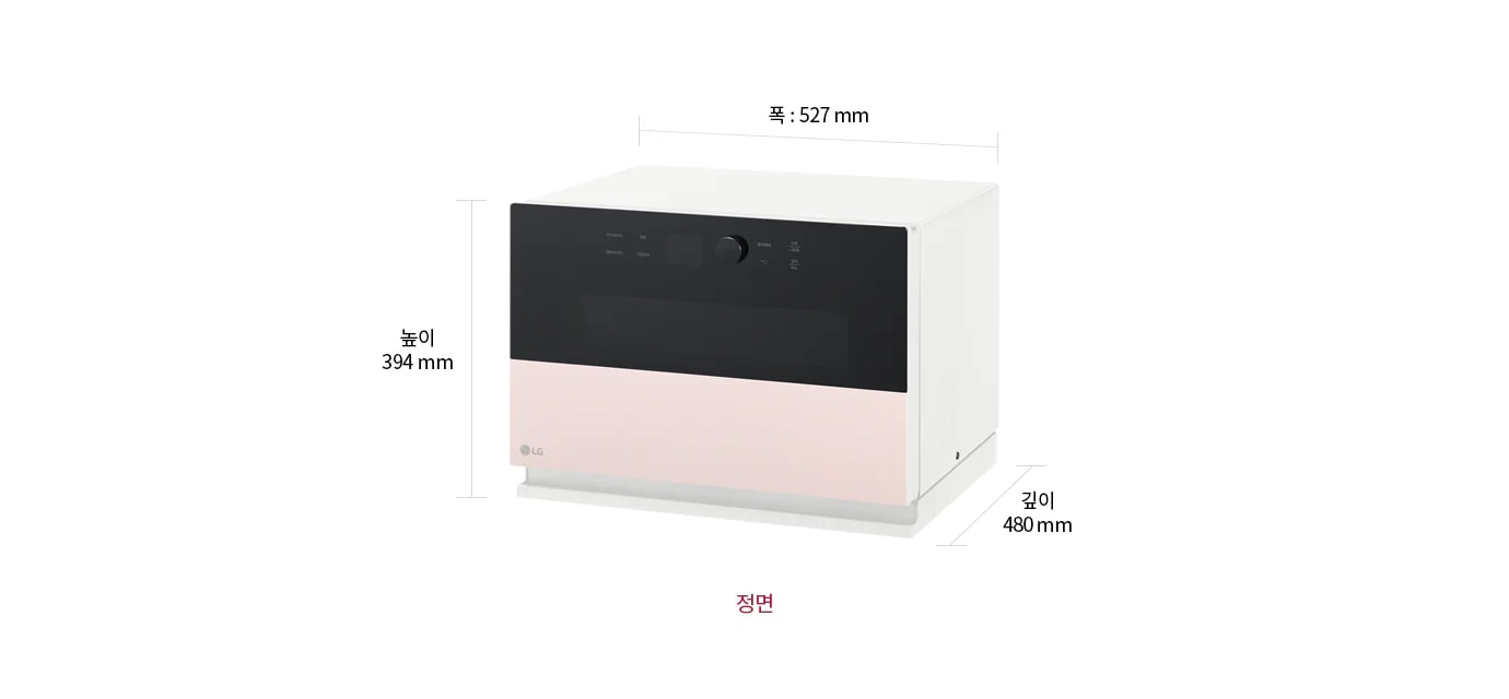 이 이미지는 LG 전자제품의 정면을 보여주고 있으며, 제품의 크기가 표시되어 있습니다. 폭은 527mm, 높이는 394mm, 깊이는 480mm입니다. 제품의 전면에는 검은색 패널이 있으며, LG 로고가 보입니다.