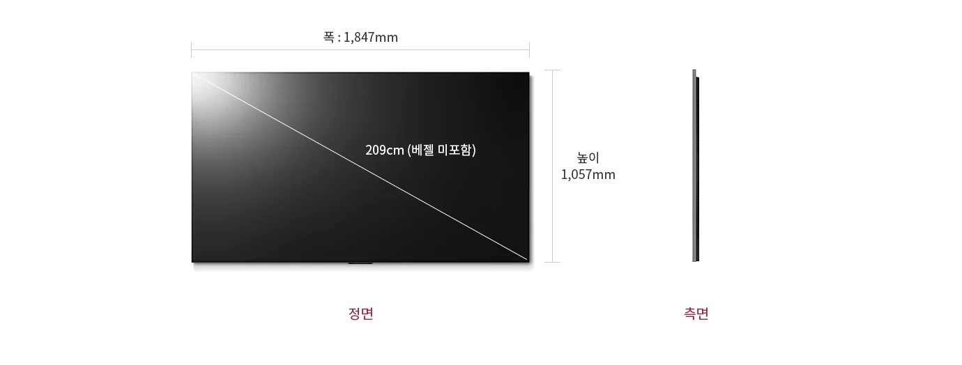 LG 올레드 evo 벽걸이형 TV의 정면과 측면 이미지가 있으며, 정면에는 폭 1,847mm, 높이 1,057mm로 표시되어 있습니다. 대각선 길이는 209cm(베젤 미포함)로 나타나 있습니다. 하단에는 정면과 측면이라는 텍스트가 각각 위치해 있습니다.