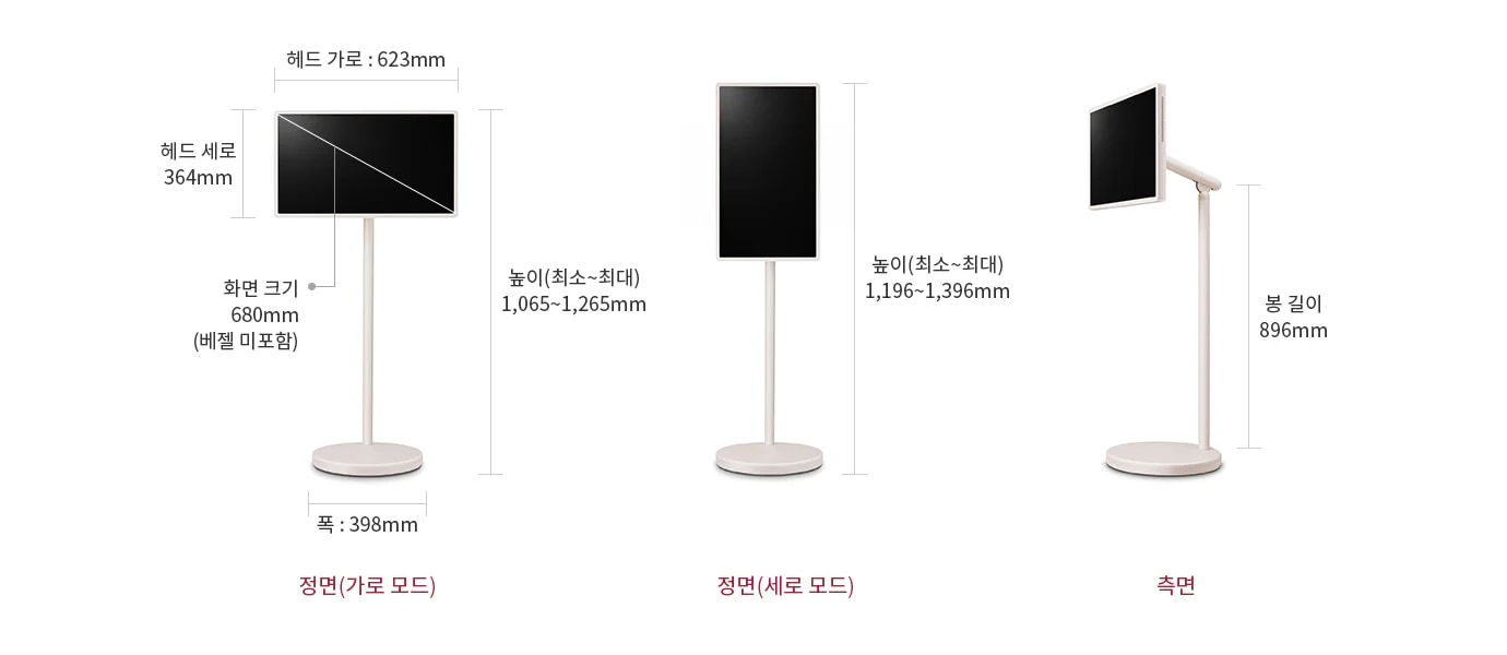 LG 스탠바이미 2의 가로 모드에서는 화면 크기가 680mm(베젤 미포함)이며, 헤드 가로는 623mm, 헤드 세로는 364mm입니다. 높이는 최소 1,065mm에서 최대 1,265mm까지 조절 가능하고, 폭은 398mm입니다. 세로 모드에서는 높이가 최소 1,196mm에서 최대 1,396mm까지 조절 가능합니다. 봉 길이는 896mm입니다.