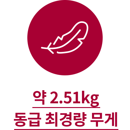 깃털 아이콘이 있으며, 약 2.51kg 동급 최경량 무게라는 텍스트가 포함되어 있습니다.