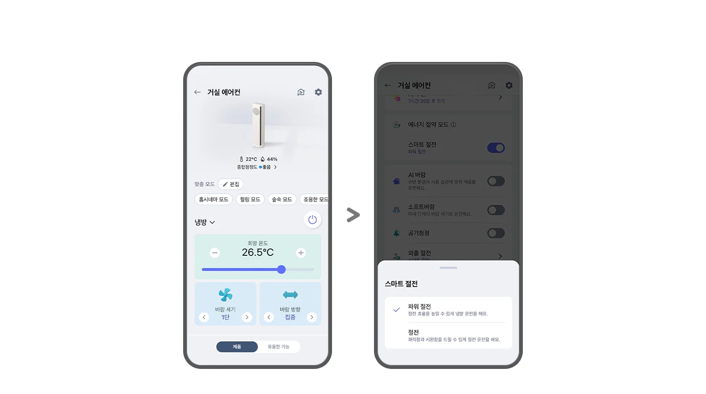 "왼쪽 ThinQ 앱 화면에는 거실 에어컨이라는 제목 아래 22°C와 44%의 종합청정도 좋음을 나타내는 아이콘이 있으며, 맞춤 모드와 편집 버튼이 보입니다. 홈시네마 모드, 힐링 모드, 숲속 모드, 조용한 모드 옵션이 있고, 냉방 섹션에서 희망 온도는 26.5°C로 설정되어 있습니다. 해당 영역 아래로는 바람 세기와 바람 방향을 설정할 수 있는 화면이 노출되고 있으며, 최하단에는 제품, 유용한 기능 버튼이 노출되고 있습니다. 오른쪽 화면에는 거실 에어컨이라는 제목 아래 에너지 절약 모드와 스마트 절전이 켜져 있으며, AI 바람, 소프트바람, 공기청정, 외출 절전 옵션이 나열되어 있습니다. 하단에는 스마트 절전 팝업이 열려 있고, 파워 절전이 선택되어 있으며, 하단에 절전 효율을 높일 수 있게 냉방 운전을 해요.라는 설명이 포함되어 있습니다. 그 아래 절전은 쾌적함과 시원함을 드릴 수 있게 절전 운전을 해요. 라는 설명이 포함되어 있습니다. 두 화면 모두 사용자 인터페이스를 통해 에어컨의 다양한 설정을 조절할 수 있는 기능을 보여주고 있습니다."