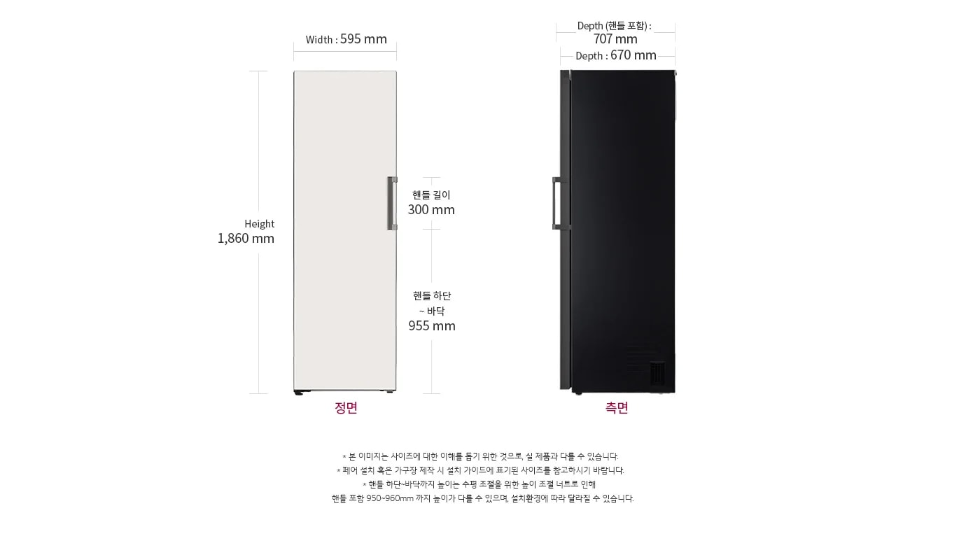 측면은 검정색으로 깊이(핸들 포함) 707mm, 깊이 670mm로 나타나 있습니다.