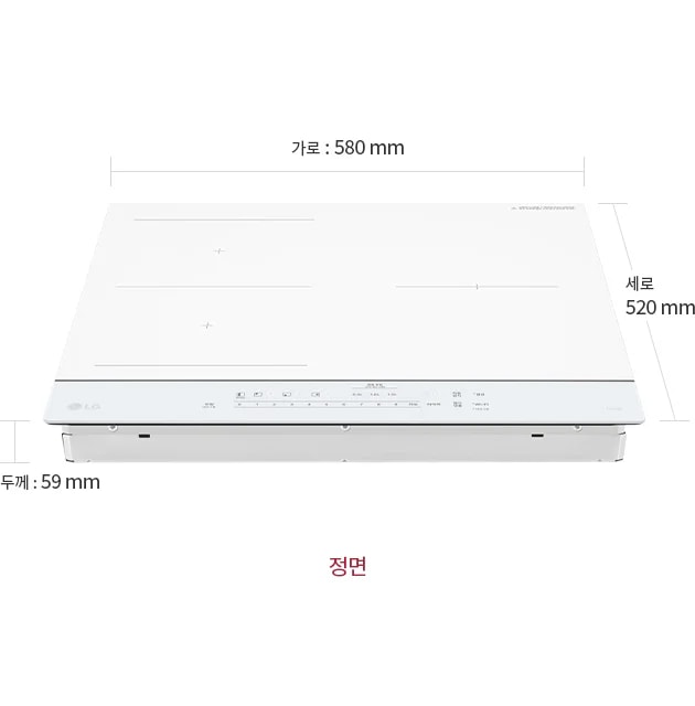 LG 디오스 오브제컬렉션 인덕션의 정면 모습이 보이며, 제품의 크기는 가로 580mm, 세로 520mm, 두께 59mm로 표시되어 있습니다.