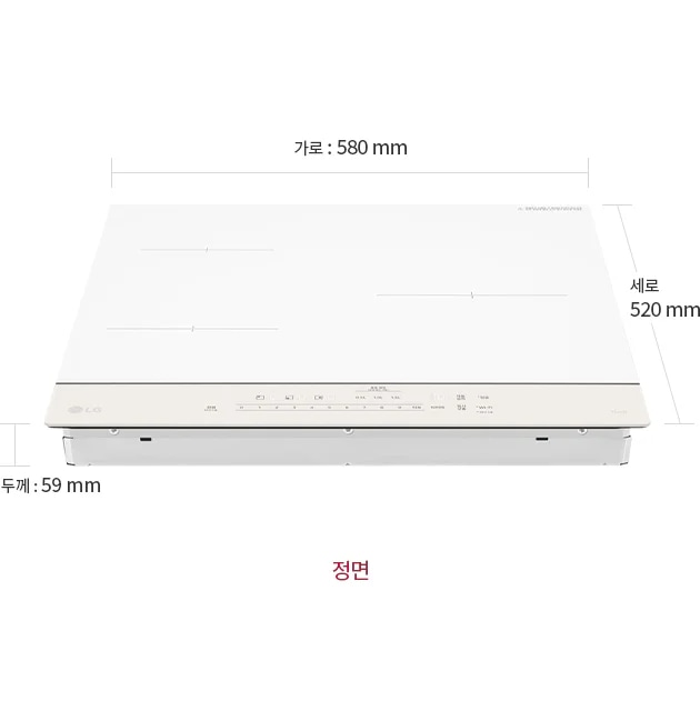 LG 디오스 오브제컬렉션 인덕션의 정면 모습이 보이며, 상단에는 가로 580mm, 세로 520mm, 두께 59mm의 치수가 표시되어 있습니다.