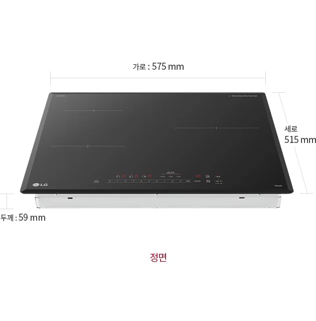 검은색의 LG 디오스 인덕션이 정면에서 보입니다. 인덕션 상단에는 네 개의 조리 구역이 있으며, 각 구역은 얇은 선으로 표시되어 있습니다. 하단에는 터치식 조작 패널이 위치해 있으며, 다양한 조작 버튼과 숫자가 빨간색으로 표시되어 있습니다. 제품의 크기는 가로 575mm, 세로 515mm, 두께 59mm로 명시되어 있습니다.