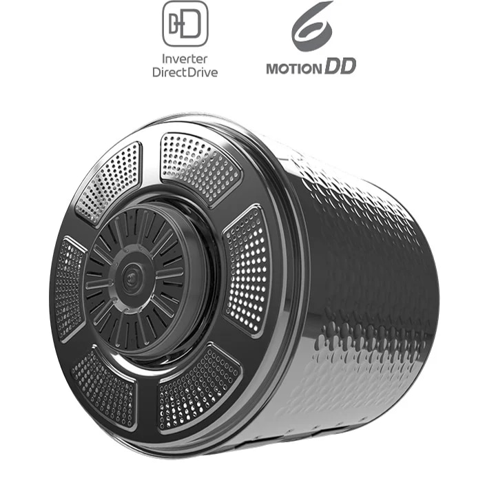 세탁기 드럼이 회전하는 모습이 있으며, Inverter DirectDrive와 6 Motion DD라는 텍스트가 포함되어 있습니다. 드럼은 금속성으로 보이며, 표면에 여러 개의 작은 구멍이 있습니다.