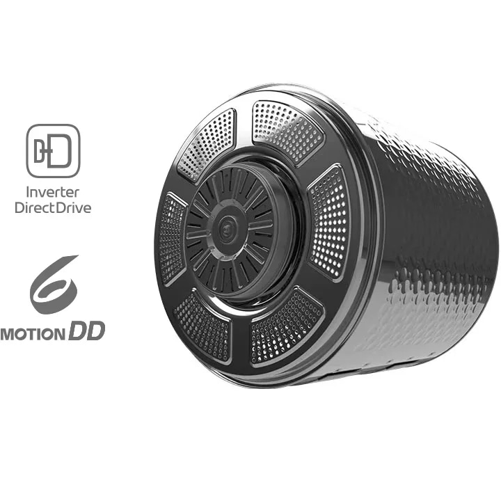 세탁기 드럼이 회전하는 모습이 있으며, Inverter DirectDrive와 6 Motion DD라는 텍스트가 포함되어 있습니다. 드럼은 금속성으로 보이며, 표면에 여러 개의 작은 구멍이 있습니다.