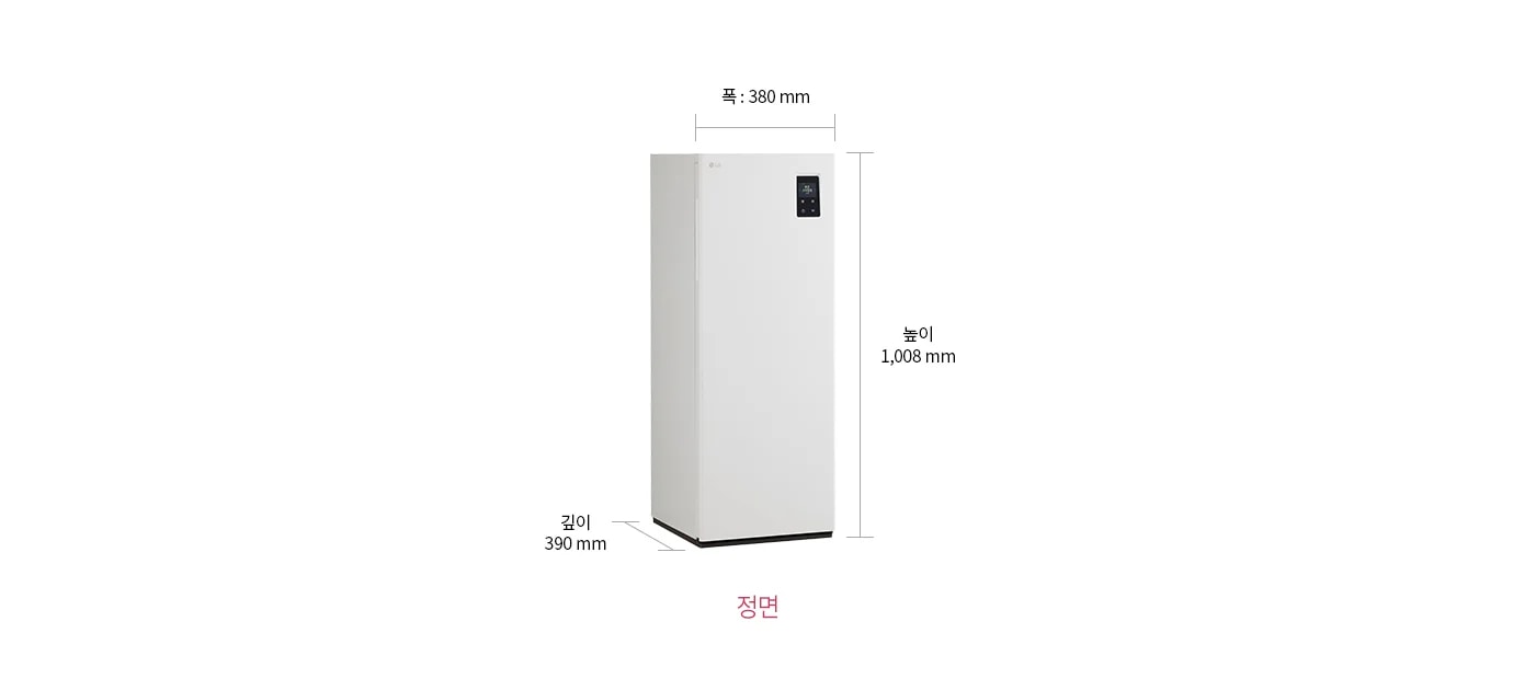 신발관리기가 정면에 위치해 있으며, 오른쪽 상단에는 작은 디스플레이 패널이 있습니다. 제품의 크기는 폭 380mm, 깊이 390mm, 높이 1,008mm로 표시되어 있습니다. 이미지 하단 중앙에는 정면이라는 텍스트가 적혀 있습니다.
