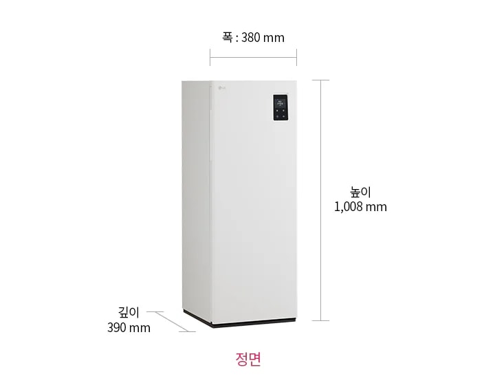 신발관리기가 정면에 위치해 있으며, 오른쪽 상단에는 작은 디스플레이 패널이 있습니다. 제품의 크기는 폭 380mm, 깊이 390mm, 높이 1,008mm로 표시되어 있습니다. 이미지 하단 중앙에는 정면이라는 텍스트가 적혀 있습니다.
