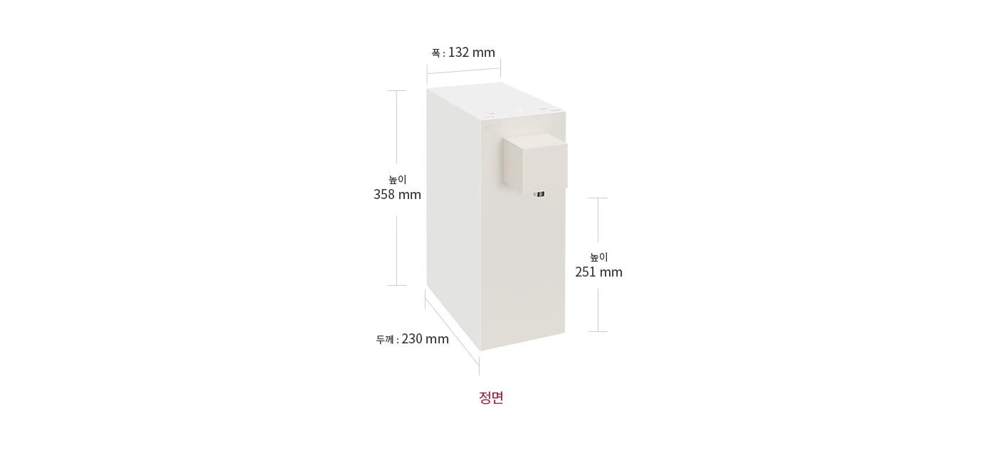 
  LG 퓨리케어 오브제컬렉션 정수기(라이트온, 정수전용)의 이미지가 보입니다. 제품은 직사각형 형태로, 상단에 정수전용이라는 텍스트가 적혀 있습니다. 제품의 크기는 폭 132mm, 높이 358mm, 두께 230mm로 표시되어 있으며, 물이 나오는 부분의 높이는 251mm입니다.