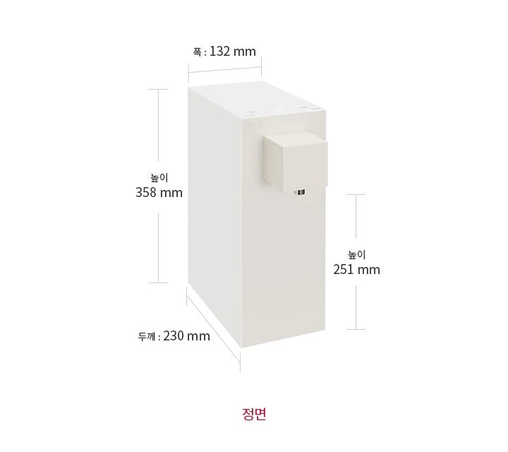 
  LG 퓨리케어 오브제컬렉션 정수기(라이트온, 정수전용)의 이미지가 보입니다. 제품은 직사각형 형태로, 상단에 정수전용이라는 텍스트가 적혀 있습니다. 제품의 크기는 폭 132mm, 높이 358mm, 두께 230mm로 표시되어 있으며, 물이 나오는 부분의 높이는 251mm입니다.
