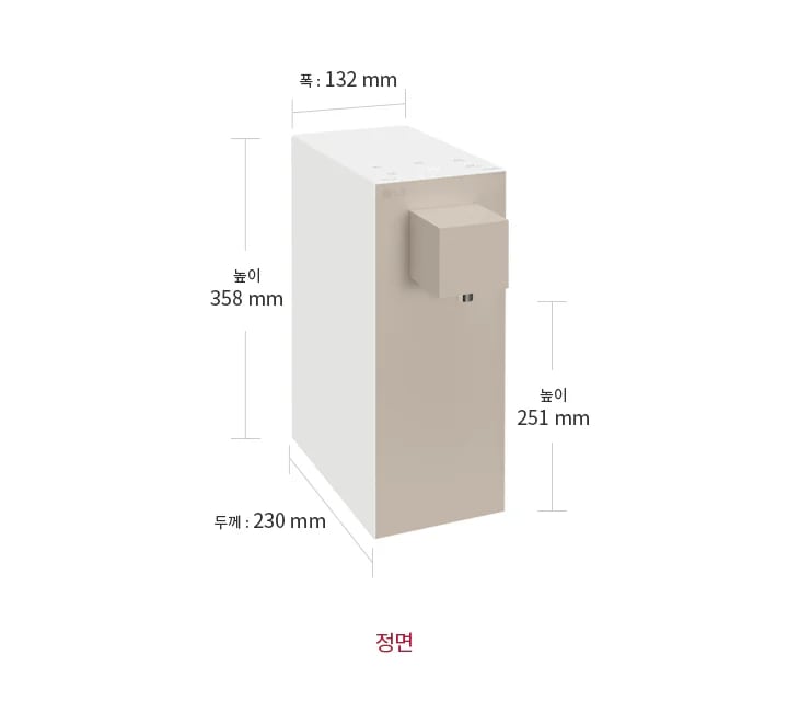 제품의 상단에는 터치 버튼이 위치해 있으며, 전면 중앙에는 물이 나오는 출수구가 있습니다. 제품의 크기는 폭 132mm, 높이 358mm, 두께 230mm로 표시되어 있으며, 출수구의 높이는 251mm로 명시되어 있습니다. 이미지 하단에는 정면이라는 텍스트가 포함되어 있습니다.