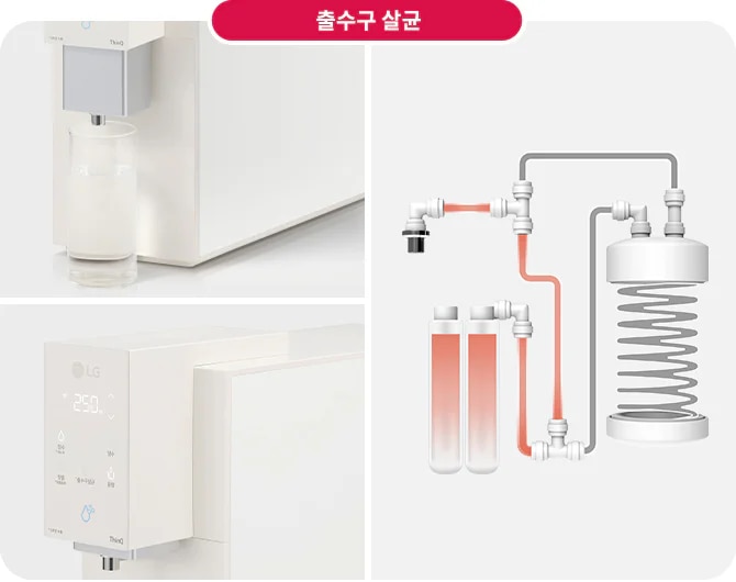 출수구에서 물이 컵에 담기고 있으며, LG 로고와 함께 온도 표시가 있는 디스플레이가 보입니다. 배관과 필터가 연결된 정수 시스템의 구조가 도식화되어 있습니다. 상단에는 '출수구 살균'이라는 문구가 있습니다.