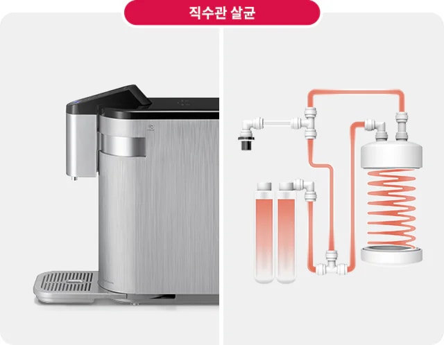 직수관 살균이라는 제목 아래, 금속 재질의 정수기 이미지가 있고, 정수기의 내부 구조를 나타낸 다이어그램이 있습니다. 다이어그램은 여러 개의 관과 필터, 그리고 나선형 구조를 포함하고 있습니다.