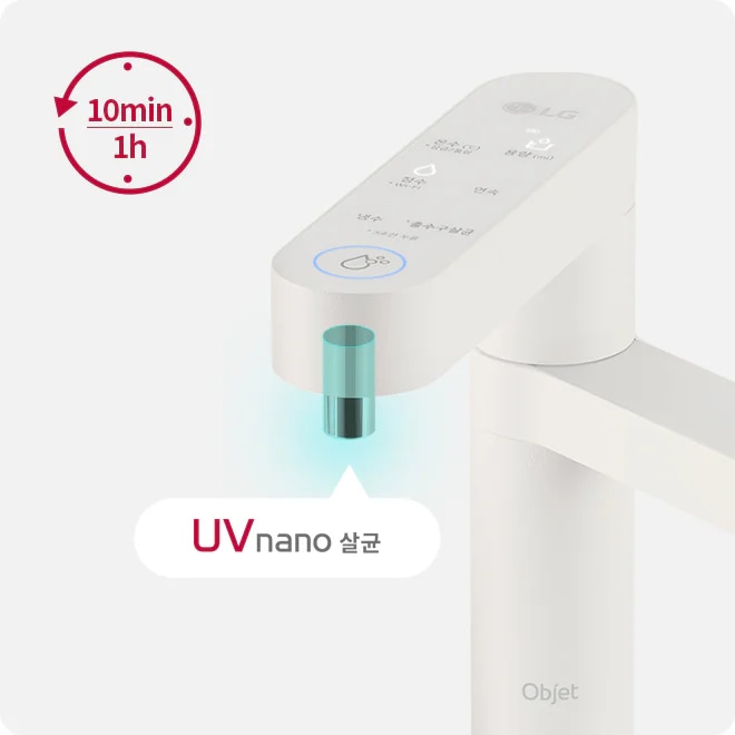 LG 로고가 있는 하얀색 정수기 꼭지가 보입니다. 꼭지 아래에는 파란색 빛이 비추고 있으며, UVnano 살균이라는 텍스트가 있습니다. 상단에는 물 온도와 단수 등의 텍스트가 있으며, 냉수, 정수, 온수 버튼이 표시되어 있습니다. 왼쪽에는 빨간색 원형에 10min 1h라는 텍스트가 포함되어 있습니다. 제품명은 Objet로 보입니다.