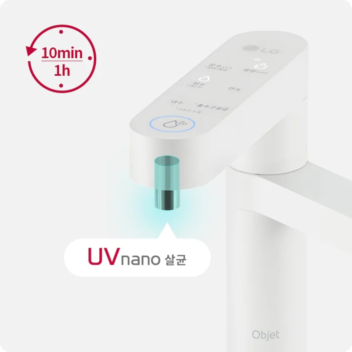 LG 로고가 있는 하얀색 정수기 꼭지가 보입니다. 꼭지 아래에는 파란색 빛이 비추고 있으며, UVnano 살균이라는 텍스트가 있습니다. 상단에는 물 온도와 단수 등의 텍스트가 있으며, 냉수, 정수, 온수 버튼이 표시되어 있습니다. 왼쪽에는 빨간색 원형에 10min 1h라는 텍스트가 포함되어 있습니다. 제품명은 Objet로 보입니다.