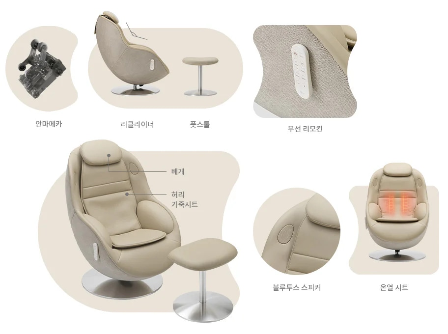 안마 의자와 관련된 여러 이미지가 포함되어 있습니다. 안마메카, 리클라이너, 풋스툴, 무선 리모컨, 베개, 허리 가죽시트, 블루투스 스피커, 온열 시트가 강조되어 있습니다. 각 요소는 의자의 다양한 기능과 편안함을 제공하는 데 중점을 두고 있습니다.