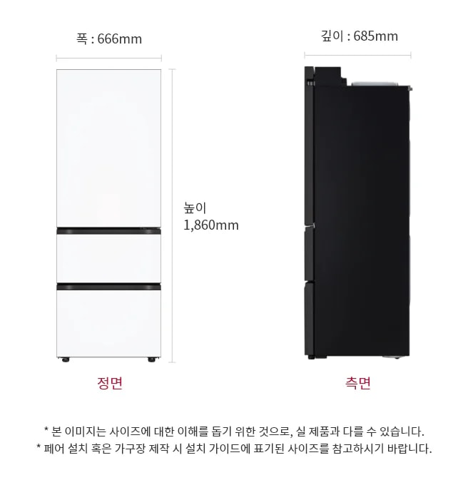 이 이미지는 LG 냉장고의 크기를 보여주는 정면 및 측면 도면으로 냉장고의 높이는 1,860mm, 폭은 666mm, 깊이는 685mm입니다.