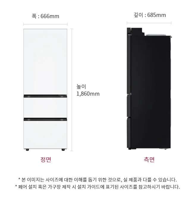 이 이미지는 LG 냉장고의 크기를 보여주는 정면 및 측면 도면으로 냉장고의 높이는 1,860mm, 폭은 666mm, 깊이는 685mm입니다.