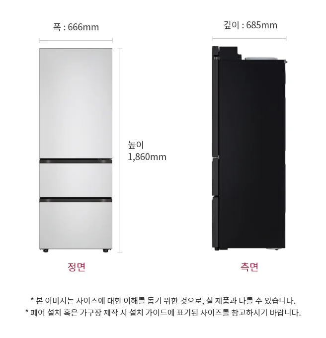 이 이미지는 LG 냉장고의 크기를 보여주는 정면 및 측면 도면으로 냉장고의 높이는 1,860mm, 폭은 666mm, 깊이는 685mm입니다.