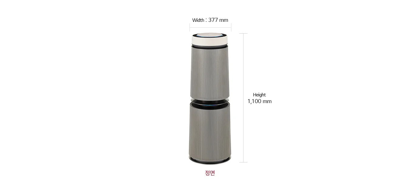 공기청정기 정면 모습이 있으며, 제품의 크기는 폭 377mm, 높이 1,100mm입니다.