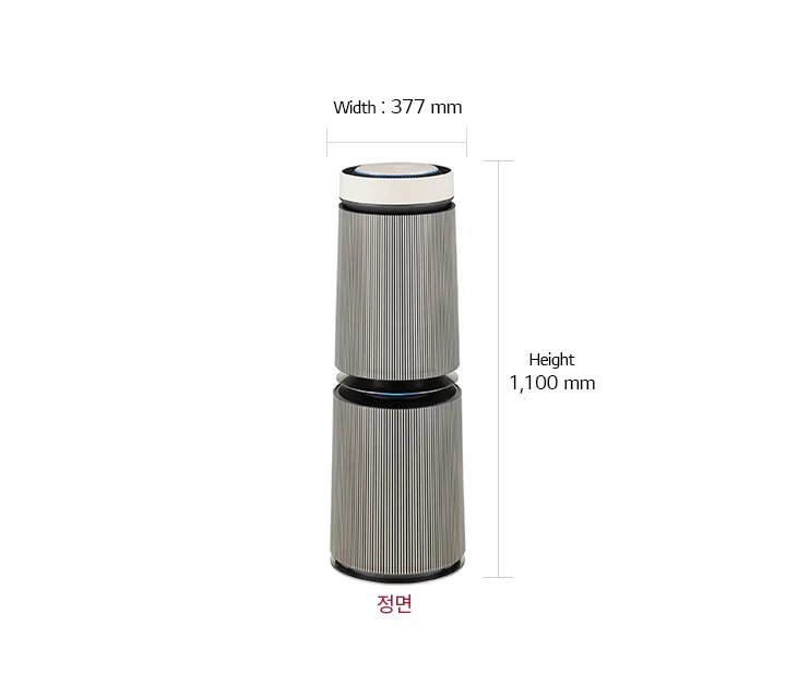 공기청정기 정면 모습이 있으며, 제품의 크기는 폭 377mm, 높이 1,100mm입니다.