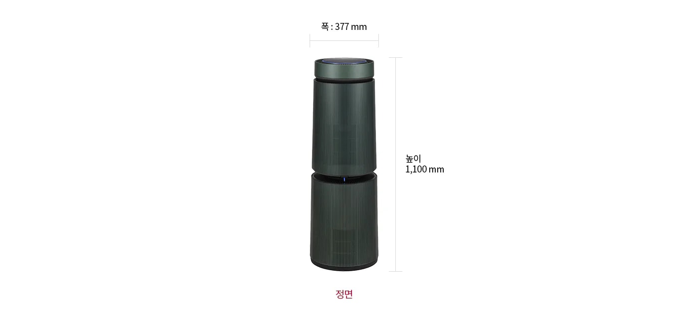 LG 퓨리케어 AI 오브제컬렉션 360˚ 공기청정기 M7의 정면 모습이 있으며, 제품의 크기는 폭 377mm, 높이 1,100mm입니다.