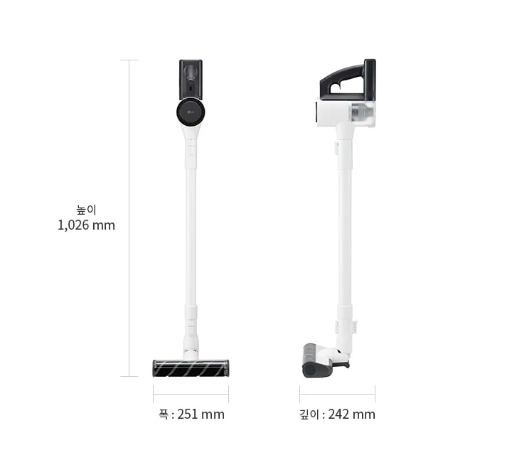 LG 코드제로 A5 무선청소기가 두 가지 각도로 배치되어 있습니다. 오른쪽에는 측면 모습으로, 손잡이와 먼지통이 보입니다. 제품의 높이는 1,026mm, 폭은 251mm, 깊이는 242mm로 표시되어 있습니다.